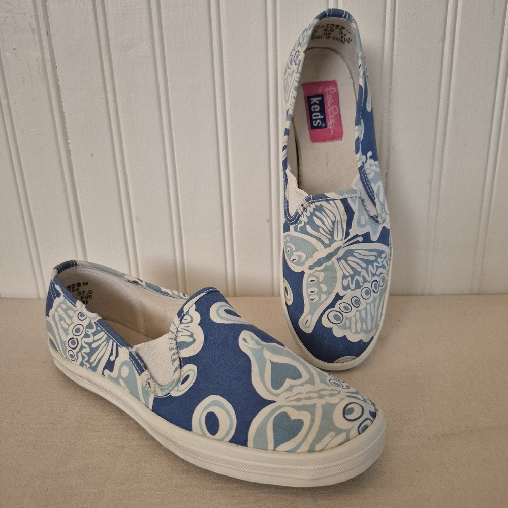 Lilly Pulitzer x Keds VTG 90s Slip On Sneakers Heart To Heart Blue WF-7529 6.5